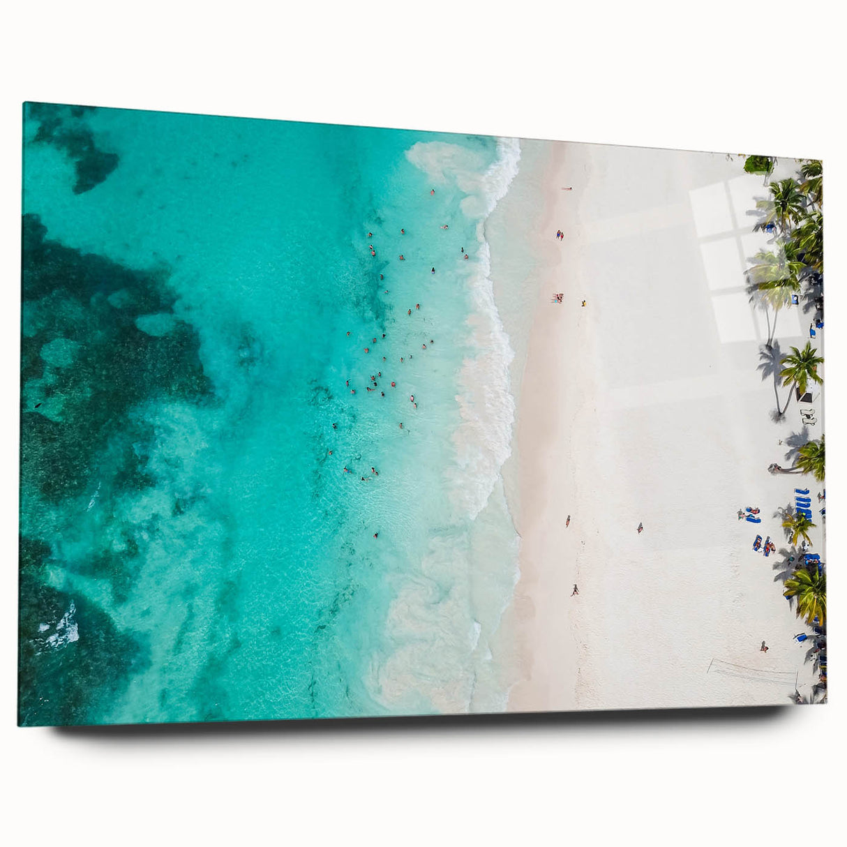 Large abstract acrylic print of a Caribbean seascape in vibrant blues and greens, suitable for bedroom or dining room decor.