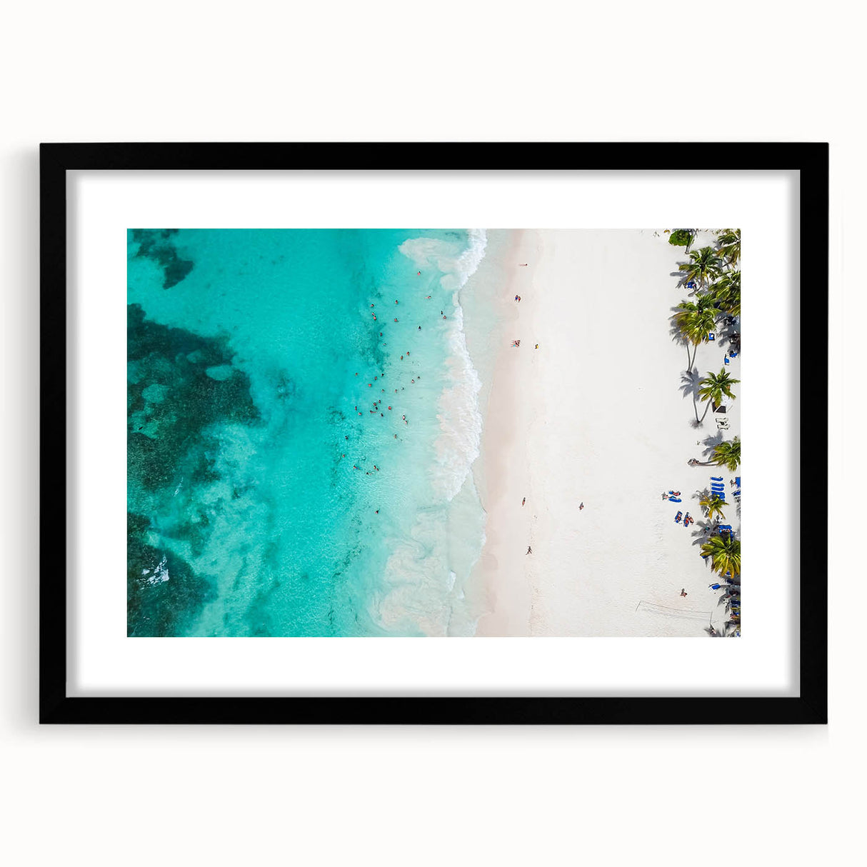 Extra large abstract art print depicting a colorful Caribbean scene in a black frame, ideal for living room decor.