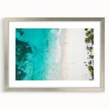 Extra large abstract art print featuring textured waves in cool blue and white tones, framed in silver.