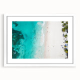 Textured abstract art print of a Caribbean seascape in muted blue and green tones on a framed white mat.