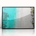 Large abstract wall art of a Caribbean scene in muted blue and green, framed in black acrylic.