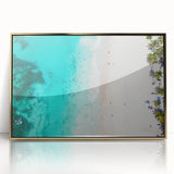 Mid-century modernist art depicting a Caribbean scenery on a framed acrylic print, in vibrant blue and green tones.