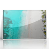 Large art print of a Caribbean scenery on white framed acrylic, featuring mid-century modernist style.