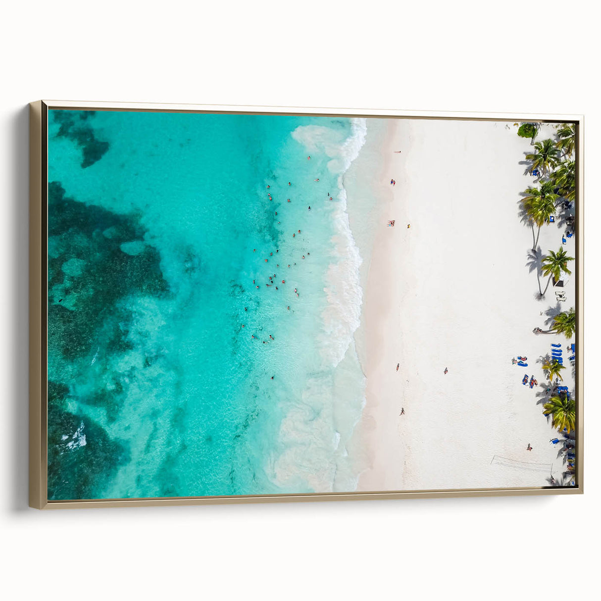 Vintage poster art of a Caribbean scenery on framed canvas, featuring vibrant colors, ideal for living room decor.