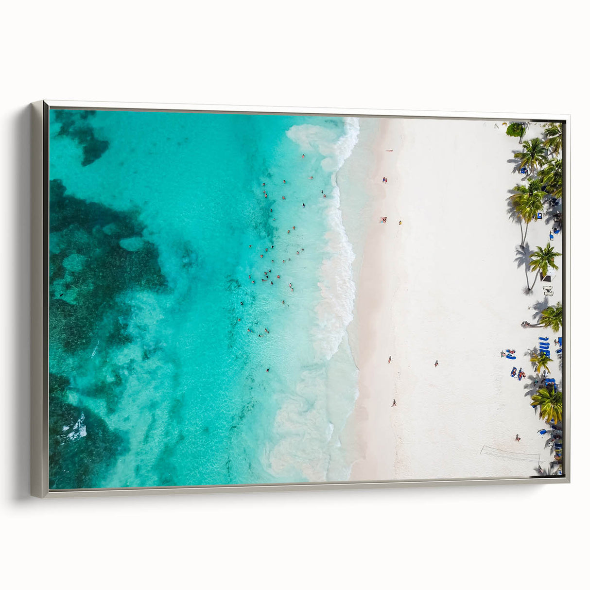 Framed canvas featuring a serene Caribbean landscape in muted blues and greens, ideal for bedroom wall art.
