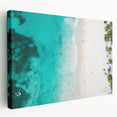 Landscape painting of a Caribbean beach on stretched canvas, featuring vibrant blue and green tones.