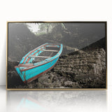 Mid-century modernist art depicting a Caribbean landscape on a gold-framed acrylic print, using vibrant tropical hues.