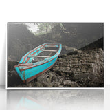Large art print of a Caribbean scenery in Haiti, framed in white acrylic, featuring mid-century modernist style.