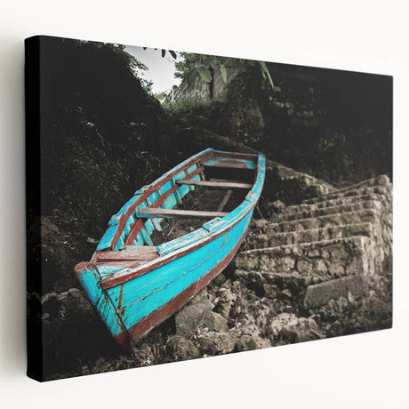 Caribbean Haiti coastal scene on stretched canvas with vibrant blue and green tones, suitable for kitchen wall art.