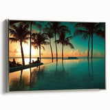 Landscape art painting of a Caribbean beach on framed canvas, featuring a vintage poster style with vibrant hues.