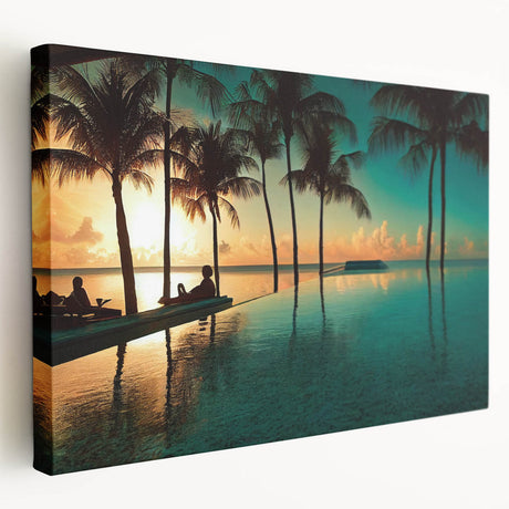Caribbean coastal scene on large stretched canvas with vibrant blue and green tones, suitable for kitchen wall art.