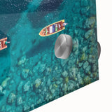 Large abstract wall art featuring a Caribbean Martinique scenery in vibrant blue and green hues on acrylic glass.