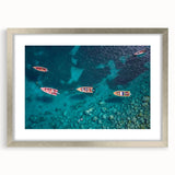 Extra large wall art featuring a textured abstract print of the Caribbean scenery, in a silver frame.
