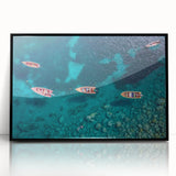 Large abstract wall art depicting a Caribbean scene in vibrant blues and greens on a framed acrylic.