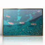 Mid-century modernist art of a Caribbean Martinique scenery in muted gold and blue tones on a framed acrylic print.