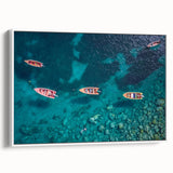 Vintage poster art of a Caribbean scenery on a framed canvas, featuring vibrant colors, ideal for living room decor.