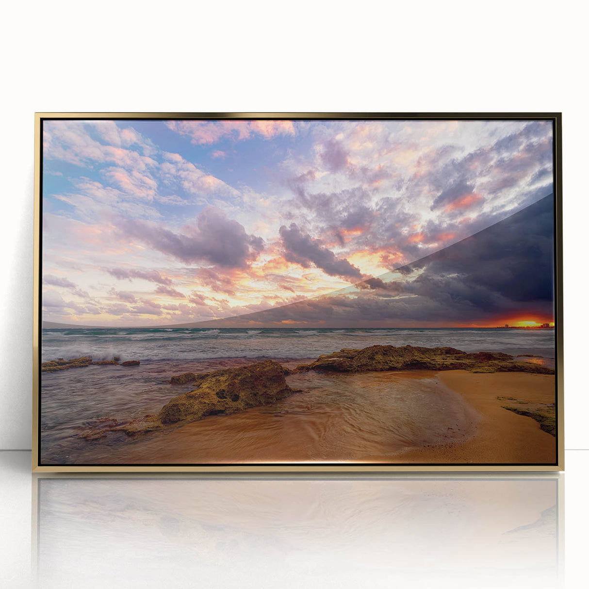 Art deco poster featuring a Puerto Rican Caribbean scenery in vibrant, golden hues on a framed acrylic.