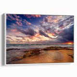 Vintage poster art of a Caribbean scenery on extra large framed canvas, featuring vibrant colors on a black background.
