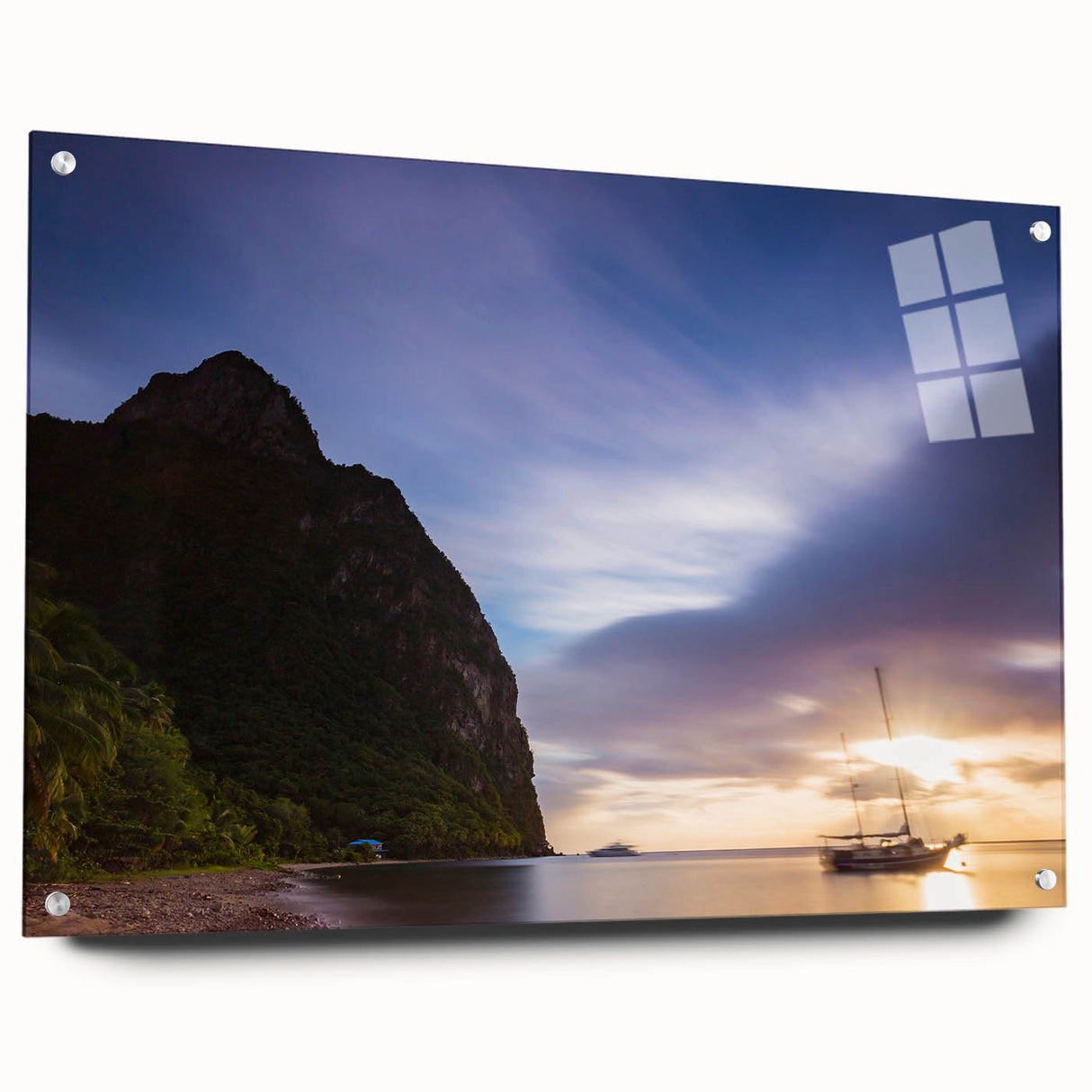 Acrylic print of a Caribbean scenery with vibrant blue and green tones, ideal for dining room decor.