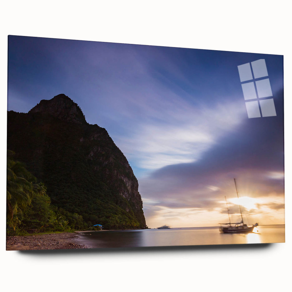 Large abstract wall art of Caribbean Saint Lucia scenery on acrylic glass, with muted tropical hues.
