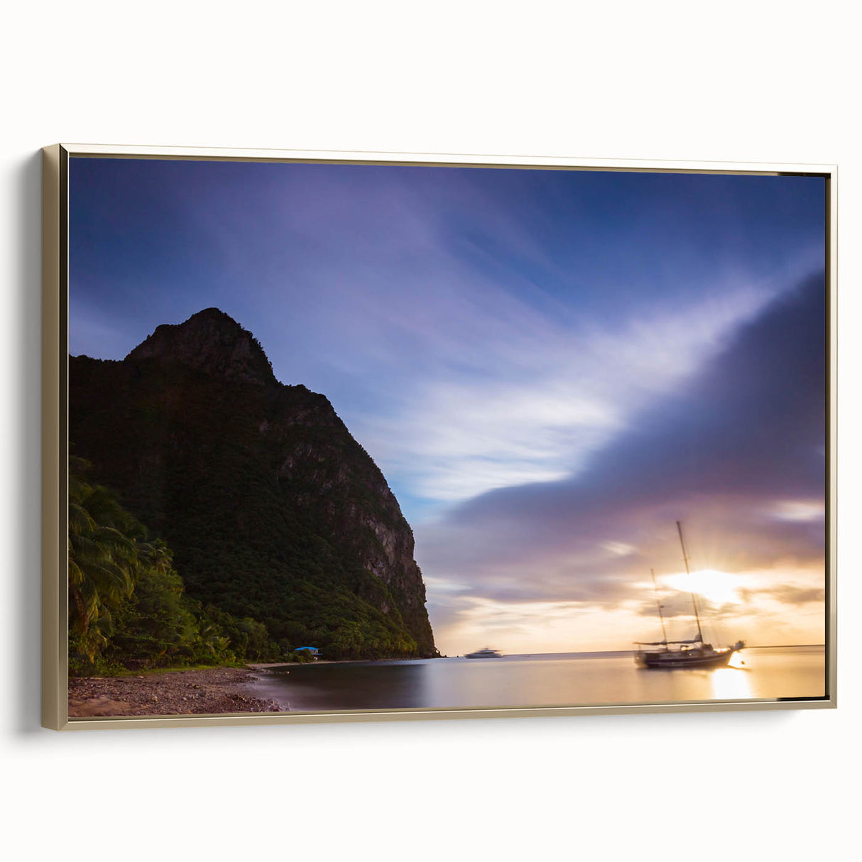 Framed canvas featuring a vintage-style landscape of Saint Lucia with black and gold tones, ideal for bedroom wall art.