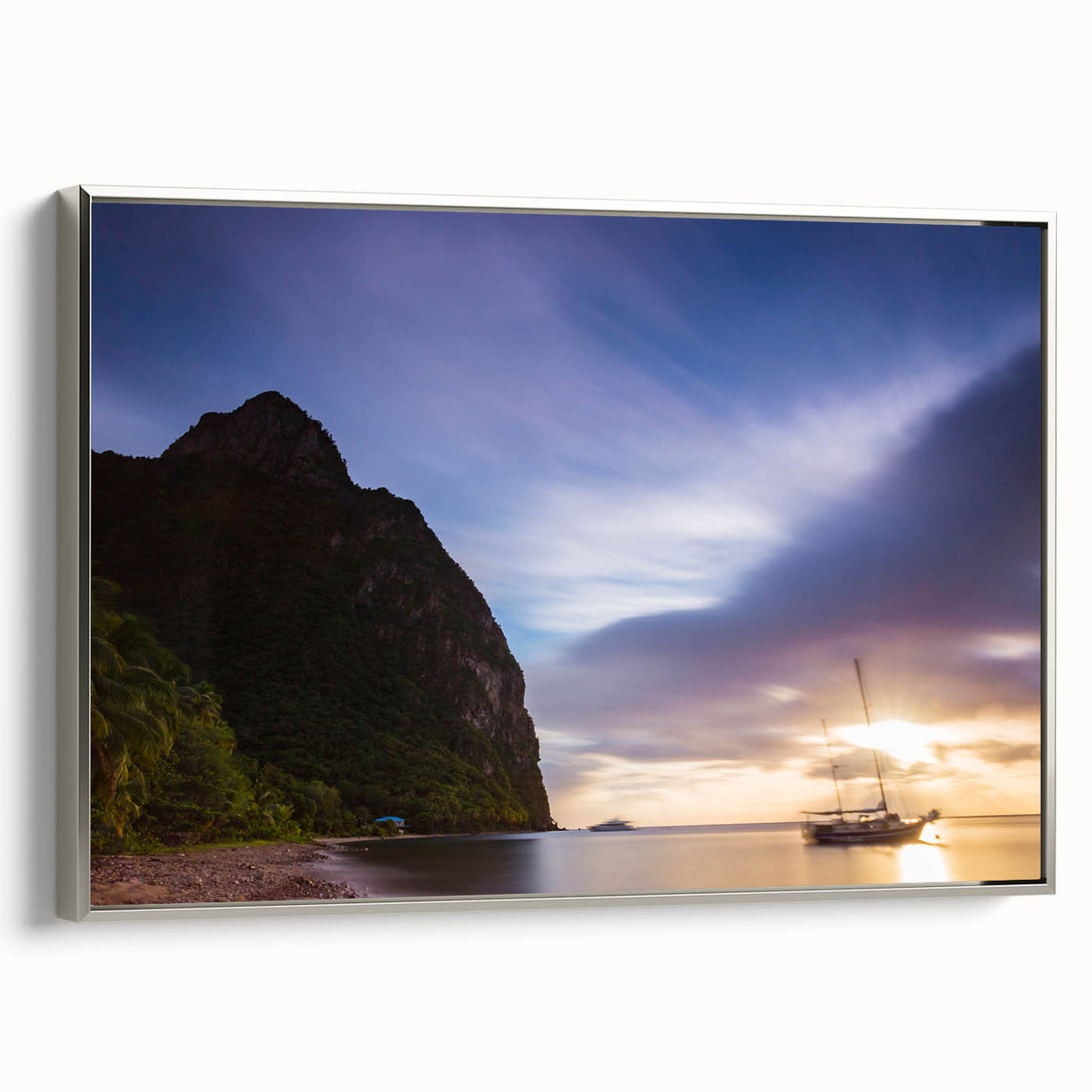 Framed canvas featuring a vintage-style landscape painting of Saint Lucia with colorful art on a black background.
