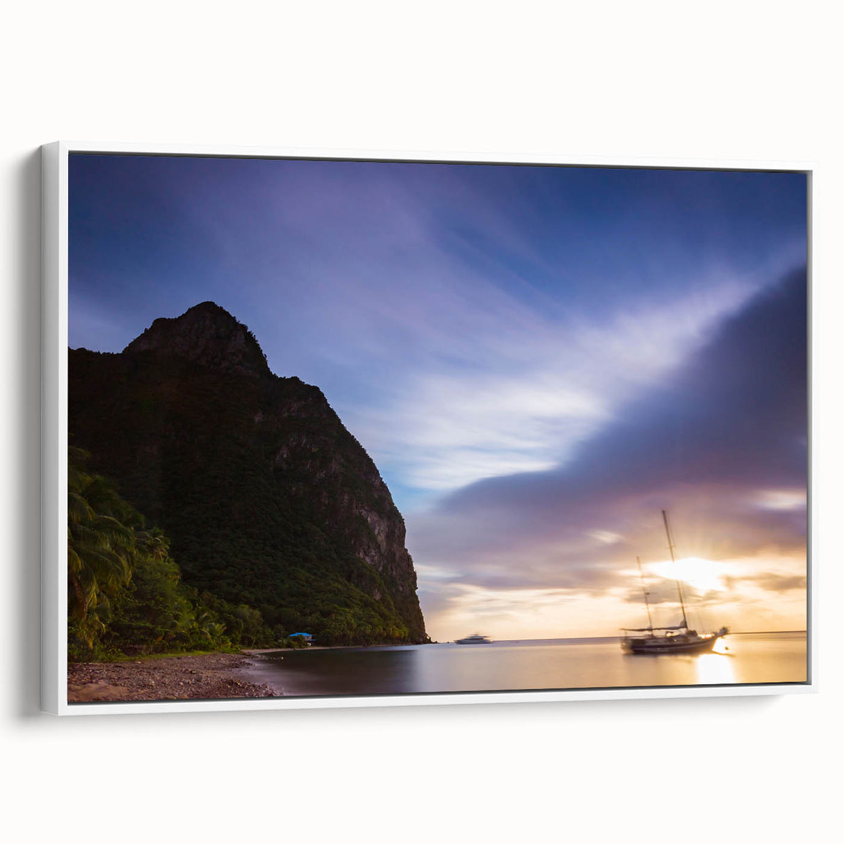 Vintage poster art of Saint Lucia scenery in vibrant colors on a framed canvas, ideal for living room decor.