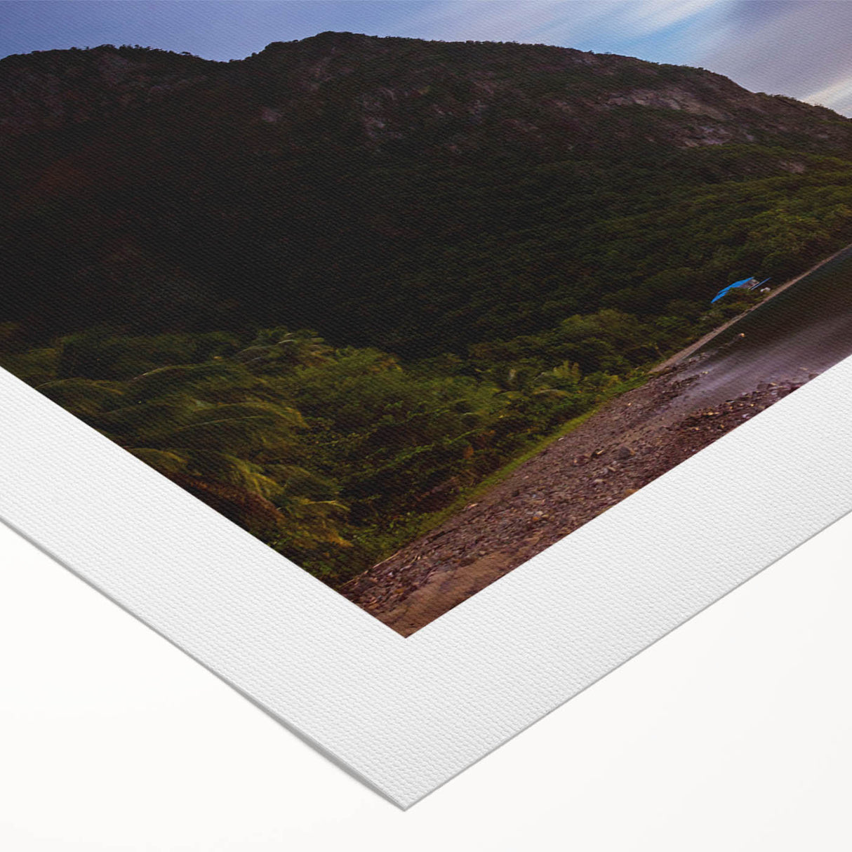 Art deco poster of Caribbean Saint Lucia scenery in pastel shades on rolled canvas, suitable for dining room wall art.