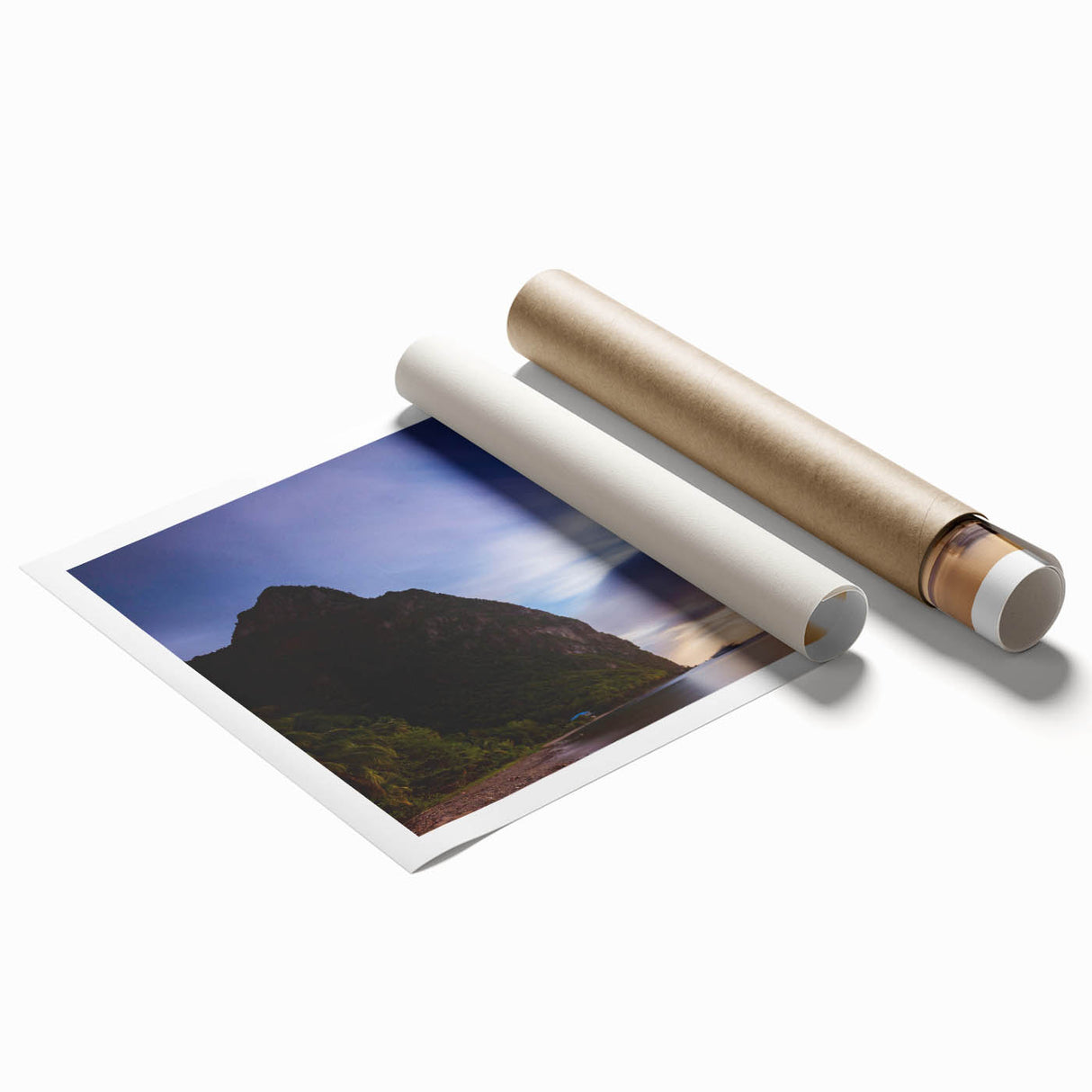 Extra large rolled print of Saint Lucia scenery with vibrant floral elements, ideal for classy bathroom wall art.