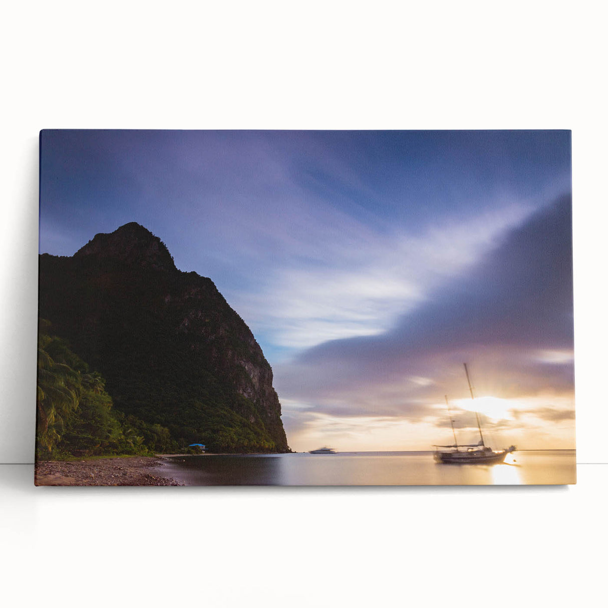 Black and white photo of Saint Lucia on stretched canvas, featuring expansive coastal view, ideal for kitchen wall art.