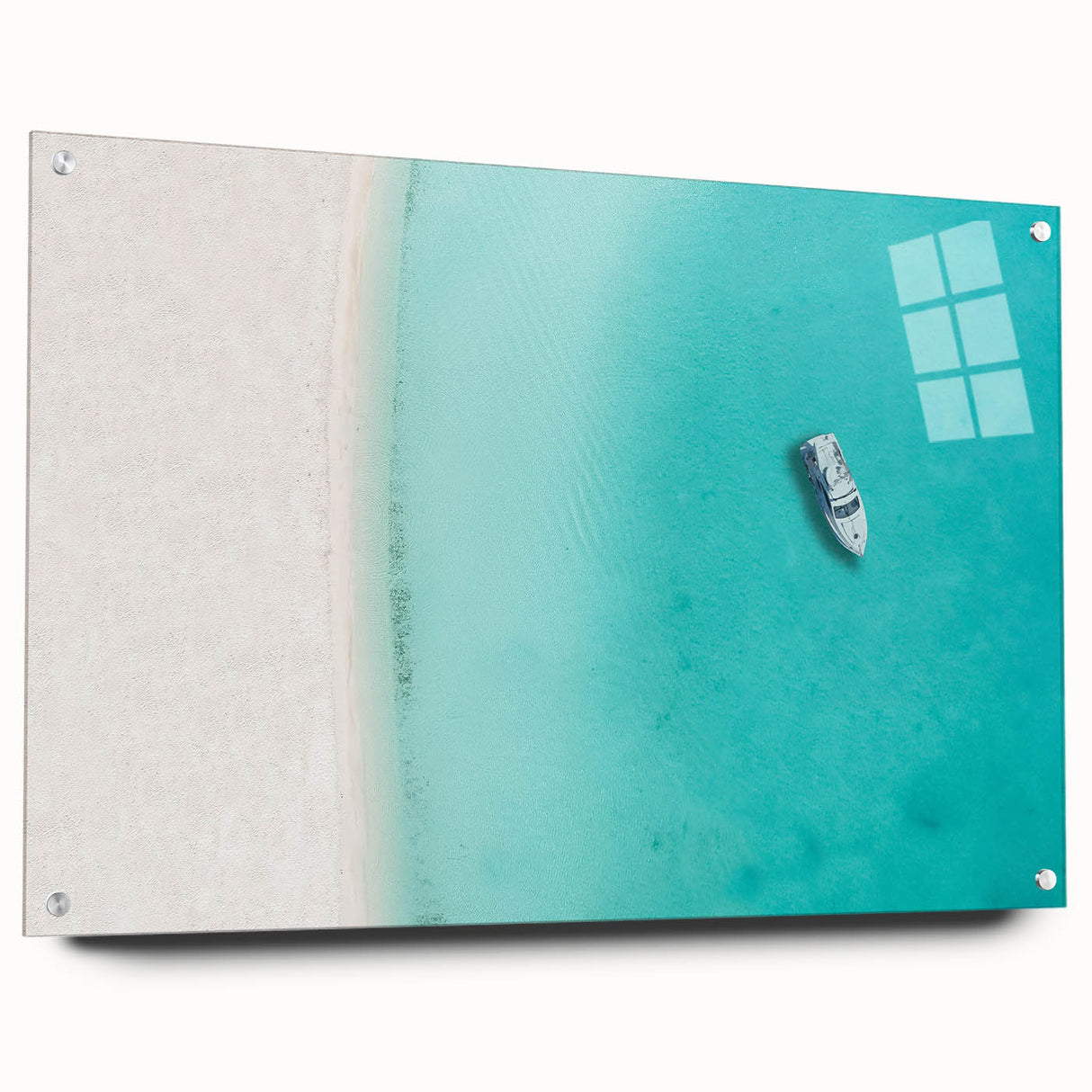 Acrylic print of a Caribbean scenery with vivid blue and green tones, ideal for dining room decor.