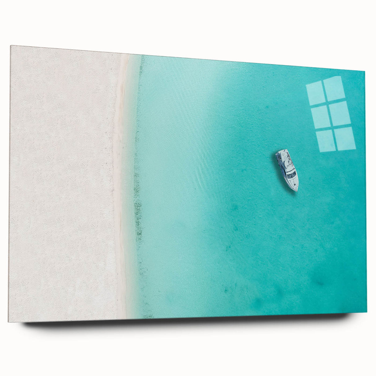 Large abstract wall art of Caribbean scenery on acrylic glass, in blue and green tones.