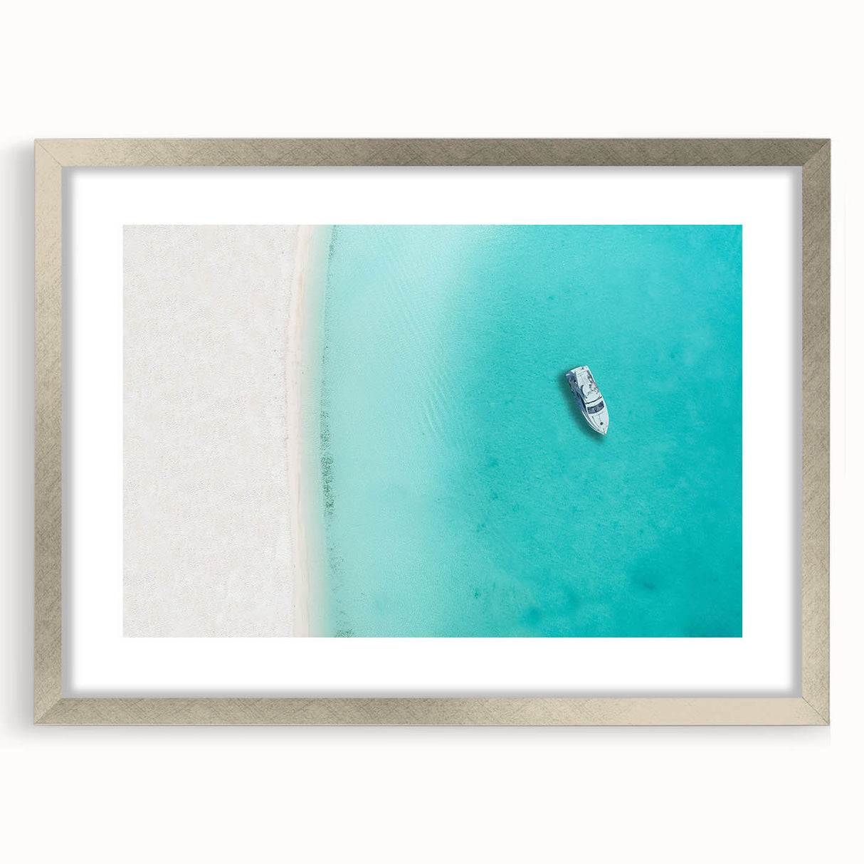 Extra large abstract art print featuring textured waves in turquoise and white, framed in silver.