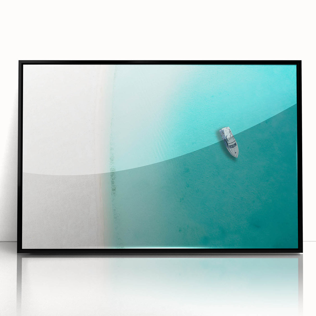Large abstract wall art depicting Caribbean scenery in muted blue and green tones on a framed acrylic.