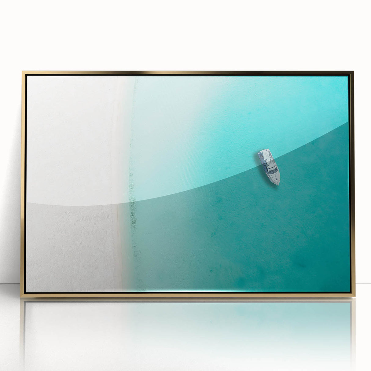 Art deco poster featuring a Caribbean scenery with vibrant blue and green tones on a gold-framed acrylic print.