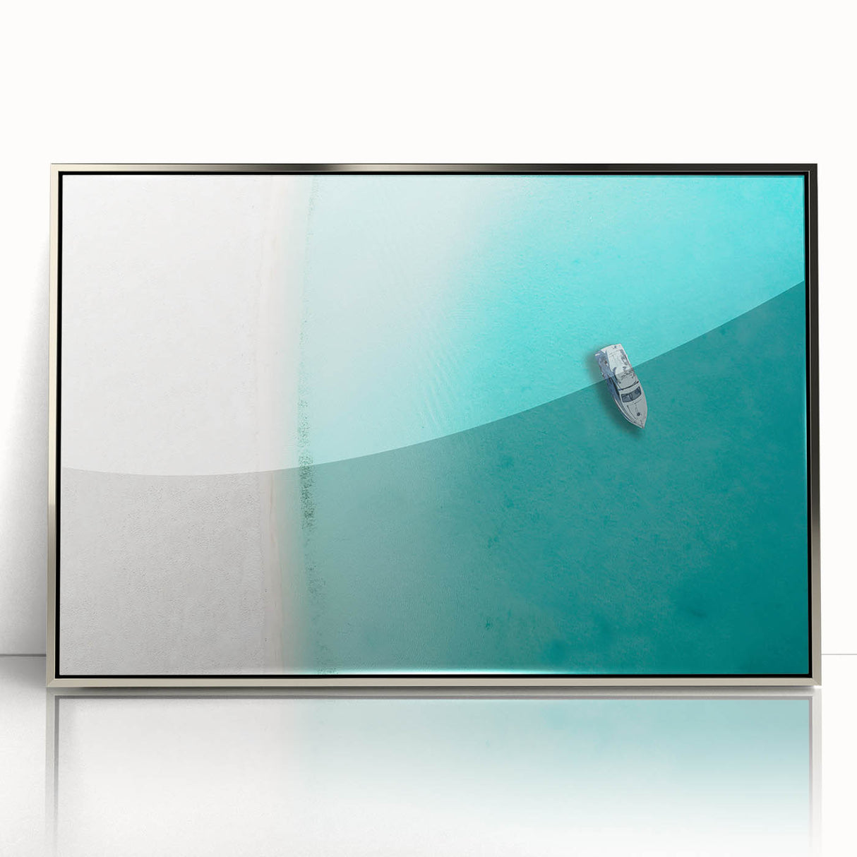 Large art print of a Caribbean landscape in muted blues and greens, framed in silver acrylic.