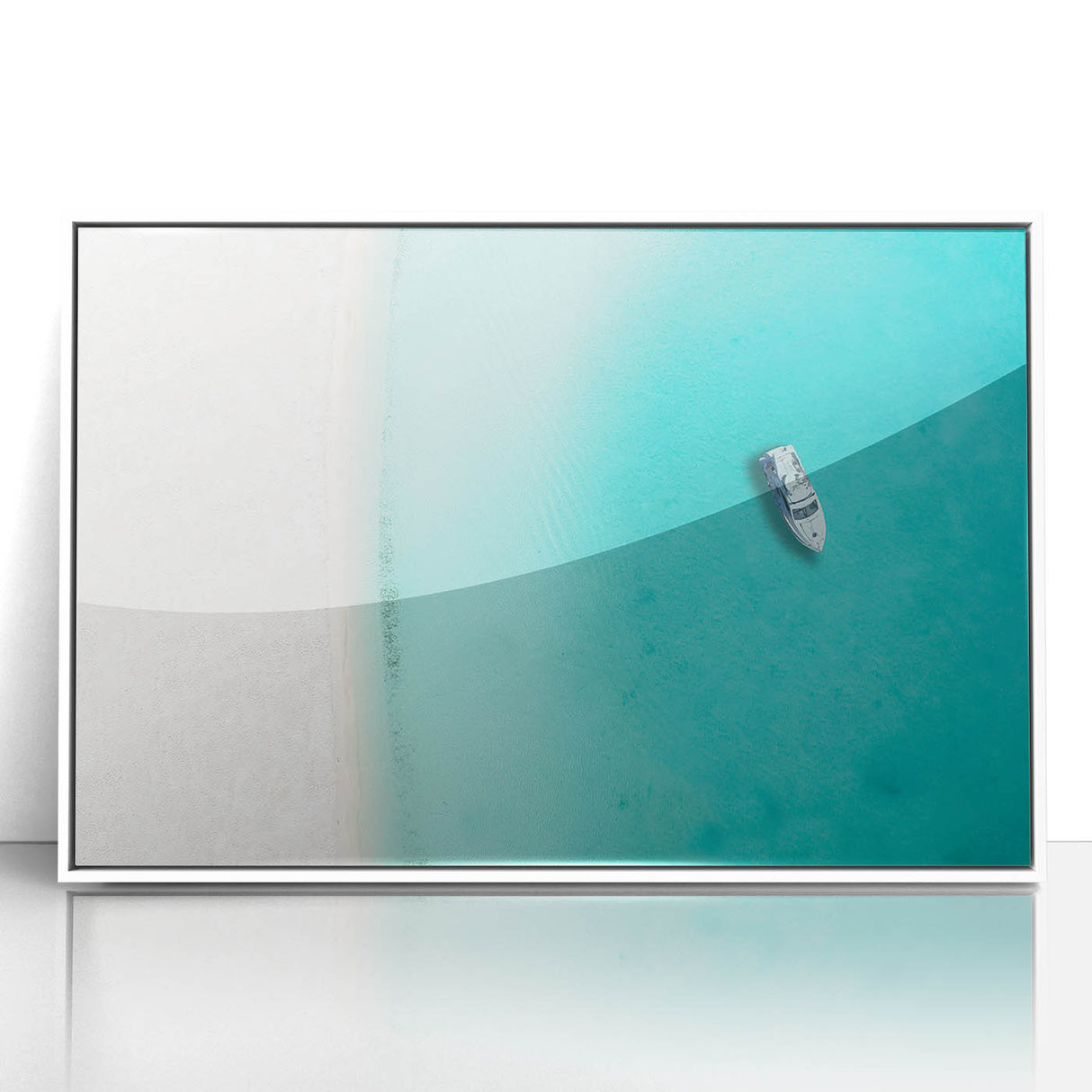 Mid-century modernist Caribbean landscape on white framed acrylic, with pastel blue and green tones.