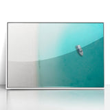 Mid-century modernist Caribbean landscape on white framed acrylic, with pastel blue and green tones.