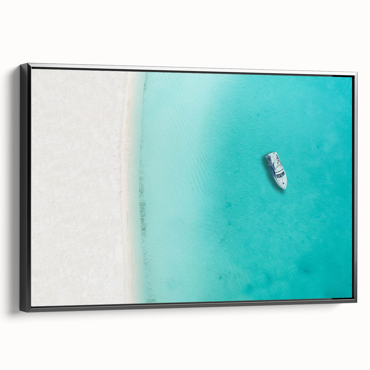 Black and white framed canvas featuring a vintage-style Caribbean landscape, ideal for bedroom wall art.