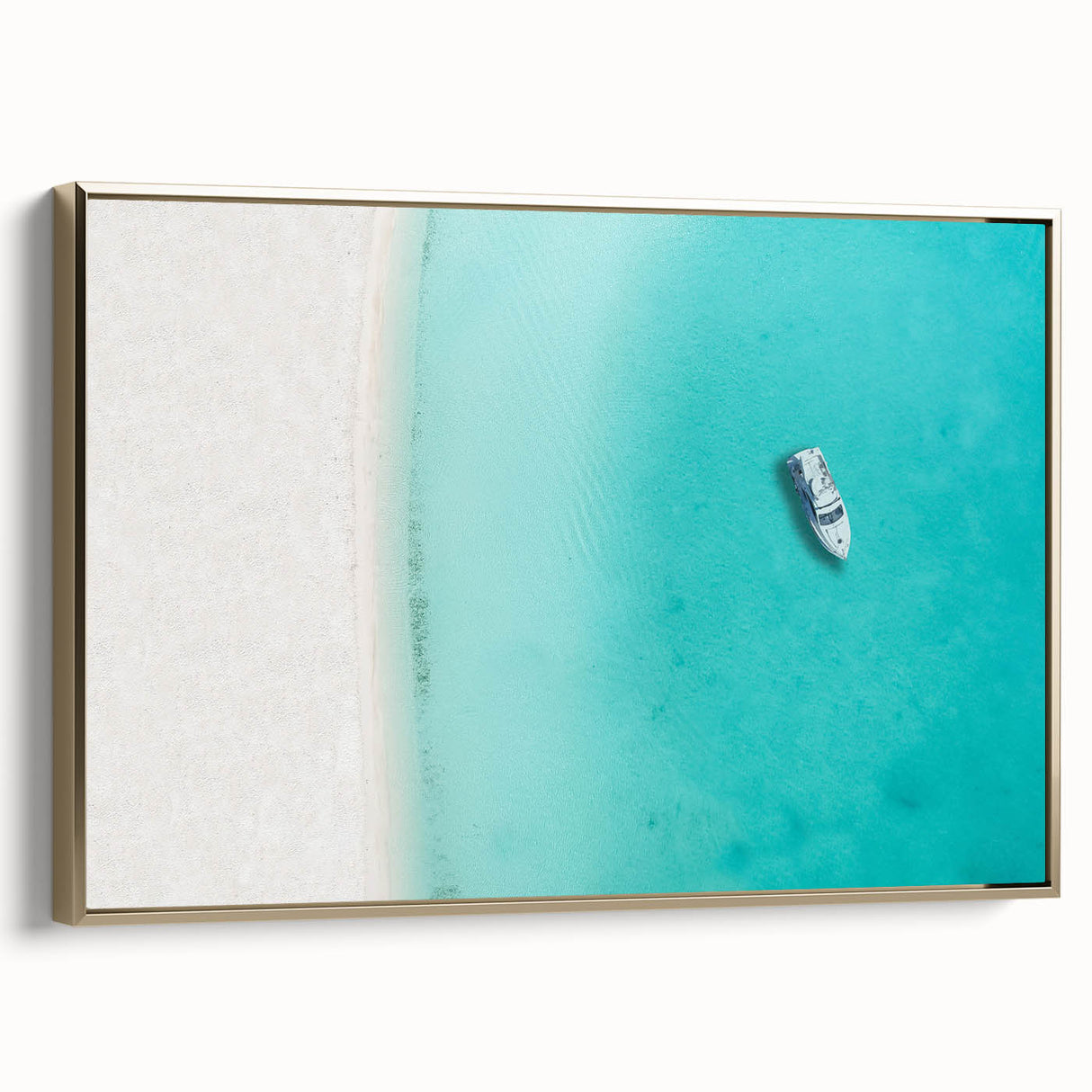 Framed canvas depicting a serene Caribbean landscape in muted blues and greens, ideal for bedroom wall art.