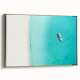 Framed canvas depicting a serene Caribbean landscape in muted blues and greens, ideal for bedroom wall art.