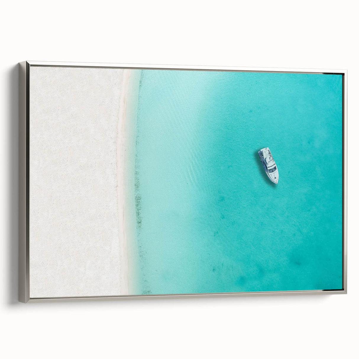 Landscape art painting of a Caribbean scene on framed canvas, featuring vibrant blue and green hues.