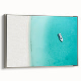 Landscape art painting of a Caribbean scene on framed canvas, featuring vibrant blue and green hues.