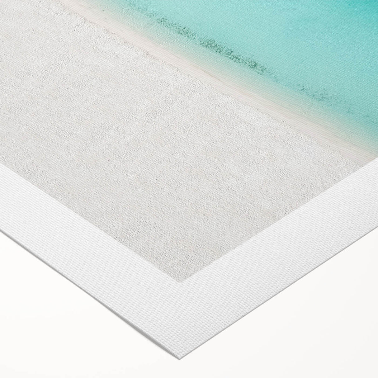 Art deco poster of a Caribbean scene on rolled canvas, featuring muted blue and sandy hues.