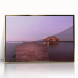 Framed acrylic print of a Belizean landscape in a mid-century modernist style, featuring green and gold tones.