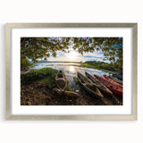 Textured abstract art print of a Central American scenery in muted earth tones, framed with a silver mat.