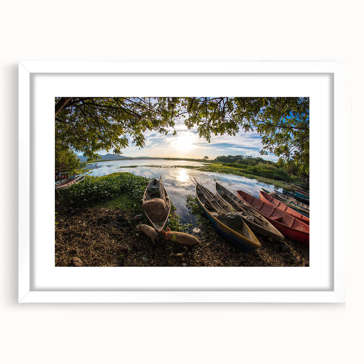 Abstract art print featuring a silhouette of El Salvador's landscape in muted earth tones on a framed white canvas.