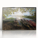 Mid-century modernist art depicting a stylized El Salvador scenery in silver-framed acrylic, suitable for nursery wall art.