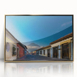 Mid-century modernist art print of a Central American landscape, featuring muted earth tones on a framed acrylic.