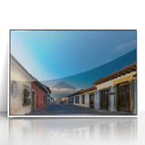 Art deco poster featuring a Central American Guatemala landscape in muted earth tones on a white framed acrylic print.